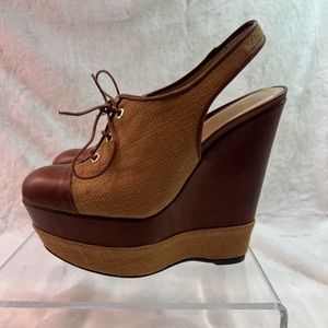 Stuart Weitzman leather and fabric platform 6” heel shoes